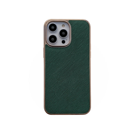 For iPhone 14 Pro Nano Electroplating Cross Texture Genuine Leather Phone Case(Green) - iPhone 14 Pro Cases by buy2fix | Online Shopping UK | buy2fix