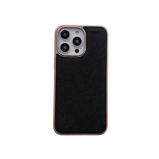 For iPhone 14 Pro Nano Electroplating Cross Texture Genuine Leather Phone Case(Black) - iPhone 14 Pro Cases by buy2fix | Online Shopping UK | buy2fix