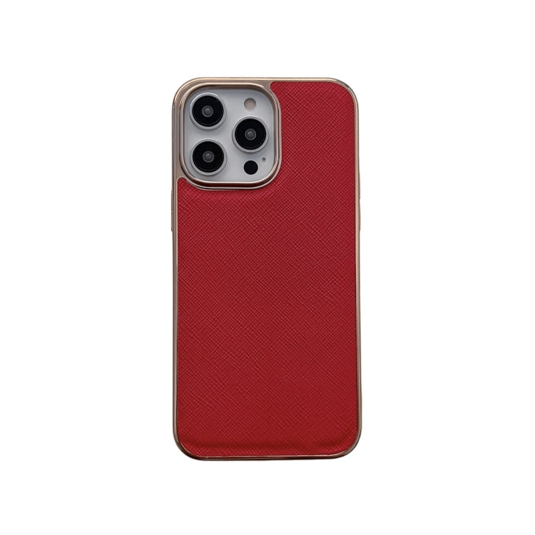 For iPhone 14 Pro Nano Electroplating Cross Texture Genuine Leather Phone Case(Red) - iPhone 14 Pro Cases by buy2fix | Online Shopping UK | buy2fix