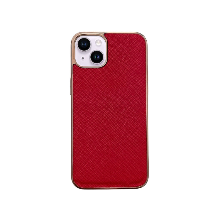For iPhone 14 Nano Electroplating Cross Texture Genuine Leather Phone Case(Red) - iPhone 14 Cases by buy2fix | Online Shopping UK | buy2fix