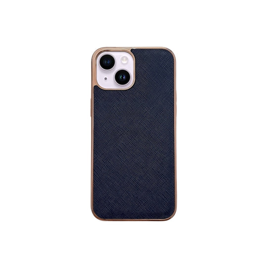 For iPhone 14 Plus Nano Electroplating Cross Texture Genuine Leather Phone Case(Blue) - iPhone 14 Plus Cases by buy2fix | Online Shopping UK | buy2fix