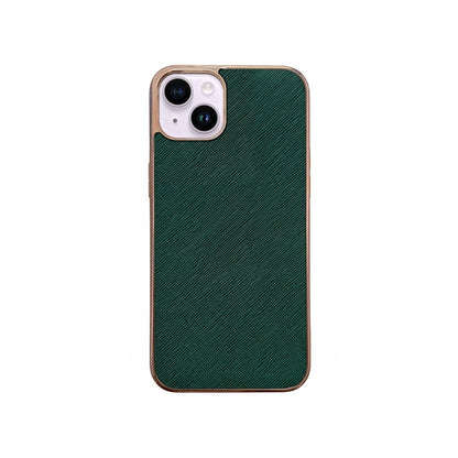 For iPhone 14 Plus Nano Electroplating Cross Texture Genuine Leather Phone Case(Green) - iPhone 14 Plus Cases by buy2fix | Online Shopping UK | buy2fix