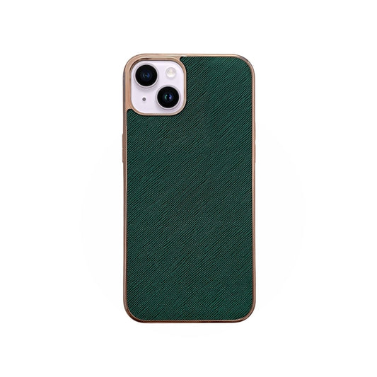 For iPhone 14 Plus Nano Electroplating Cross Texture Genuine Leather Phone Case(Green) - iPhone 14 Plus Cases by buy2fix | Online Shopping UK | buy2fix