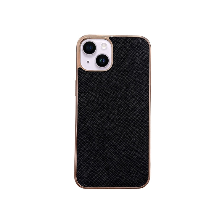 For iPhone 14 Plus Nano Electroplating Cross Texture Genuine Leather Phone Case(Black) - iPhone 14 Plus Cases by buy2fix | Online Shopping UK | buy2fix