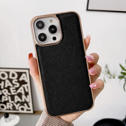 For iPhone 13 Nano Electroplating Cross Texture Genuine Leather Phone Case(Black) - iPhone 13 Cases by buy2fix | Online Shopping UK | buy2fix