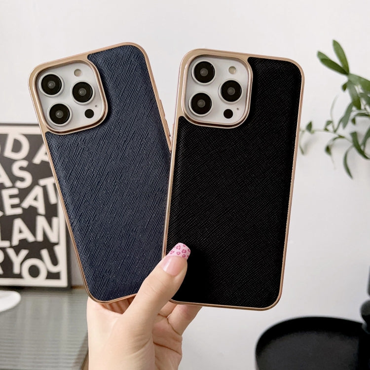 For iPhone 13 Nano Electroplating Cross Texture Genuine Leather Phone Case(Black) - iPhone 13 Cases by buy2fix | Online Shopping UK | buy2fix