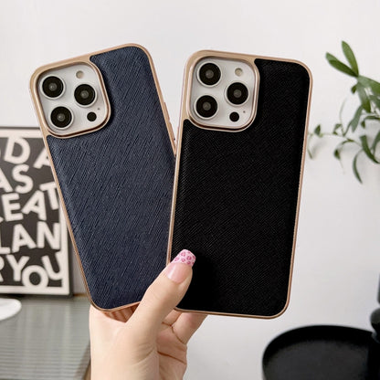 For iPhone 13 Nano Electroplating Cross Texture Genuine Leather Phone Case(Black) - iPhone 13 Cases by buy2fix | Online Shopping UK | buy2fix
