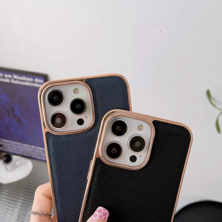For iPhone 13 Nano Electroplating Cross Texture Genuine Leather Phone Case(Black) - iPhone 13 Cases by buy2fix | Online Shopping UK | buy2fix