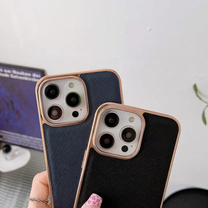 For iPhone 13 Nano Electroplating Cross Texture Genuine Leather Phone Case(Black) - iPhone 13 Cases by buy2fix | Online Shopping UK | buy2fix