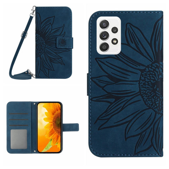 For Samsung Galaxy A52/A52S Skin Feel Sun Flower Pattern Flip Leather Phone Case with Lanyard(Inky Blue)