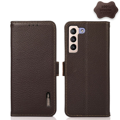 For Samsung Galaxy S23 5G KHAZNEH Side-Magnetic Litchi Genuine Leather RFID Phone Case(Brown) - Galaxy S23 5G Cases by buy2fix | Online Shopping UK | buy2fix
