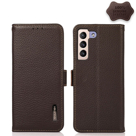 For Samsung Galaxy S23 5G KHAZNEH Side-Magnetic Litchi Genuine Leather RFID Phone Case(Brown) - Galaxy S23 5G Cases by buy2fix | Online Shopping UK | buy2fix