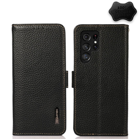 For Samsung Galaxy S23 Ultra 5G KHAZNEH Side-Magnetic Litchi Genuine Leather RFID Phone Case(Black) - Galaxy S23 Ultra 5G Cases by buy2fix | Online Shopping UK | buy2fix