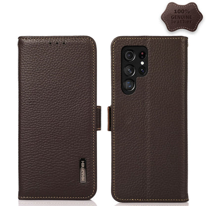 For Samsung Galaxy S23 Ultra 5G KHAZNEH Side-Magnetic Litchi Genuine Leather RFID Phone Case(Brown) - Galaxy S23 Ultra 5G Cases by buy2fix | Online Shopping UK | buy2fix
