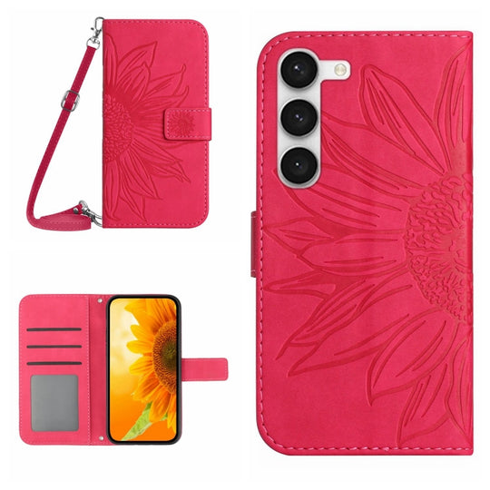 For Samsung Galaxy S23+ 5G Skin Feel Sun Flower Pattern Flip Leather Phone Case with Lanyard(Rose Red)