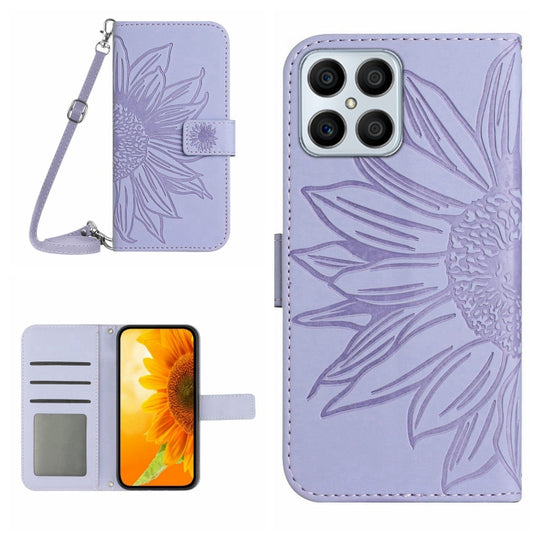 For Honor X8 Skin Feel Sun Flower Pattern Flip Leather Phone Case with Lanyard(Purple)