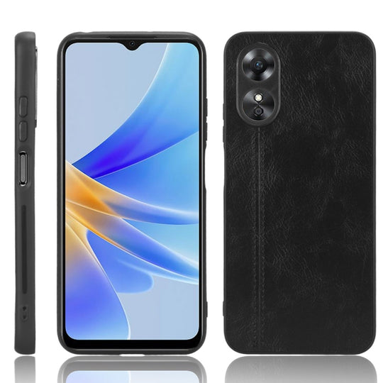For OPPO A17 Sewing Cow Pattern Skin PC + PU + TPU Phone Case(Black)