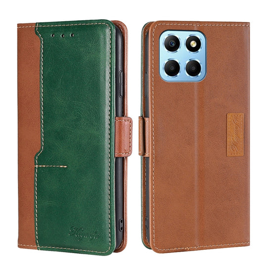 For Honor X8 5G/X6 Contrast Color Side Buckle Leather Phone Case(Light Brown+Green)