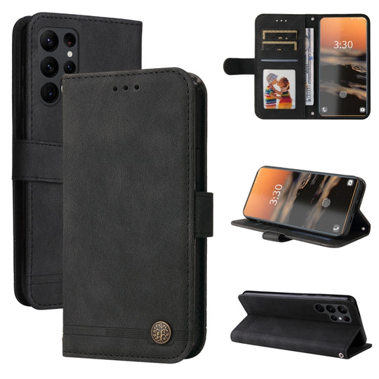 For Samsung Galaxy S23 Ultra 5G Skin Feel Life Tree Metal Button Leather Phone Case(Black)
