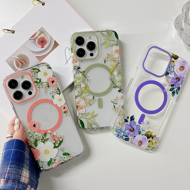 For iPhone 14 Flowers Dual-side Laminating Magsafe Phone Case(Purple) - iPhone 14 Cases by buy2fix | Online Shopping UK | buy2fix