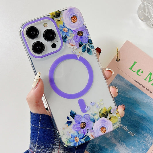 For iPhone 14 Plus Flowers Dual-side Laminating Magsafe Phone Case(Purple) - iPhone 14 Plus Cases by buy2fix | Online Shopping UK | buy2fix