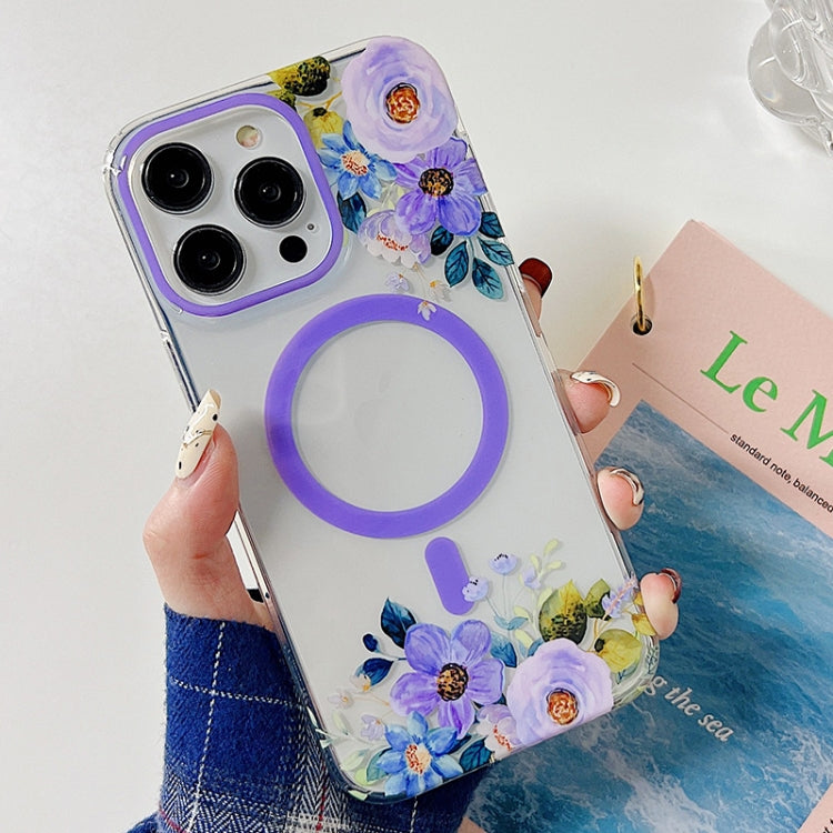 For iPhone 14 Pro Flowers Dual-side Laminating Magsafe Phone Case(Purple) by buy2fix