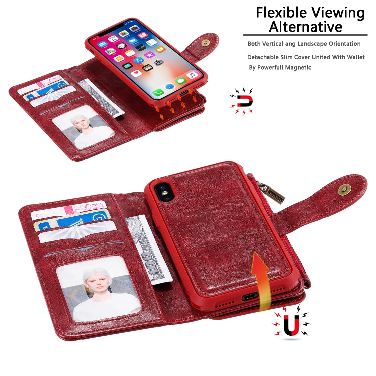 For iPhone X / XS Multifunctional Retro Detachable Magnetic Horizontal Flip Leather Case with Card Slots & Holder & Wallet & Photo Frame(Red) - More iPhone Cases by buy2fix | Online Shopping UK | buy2fix