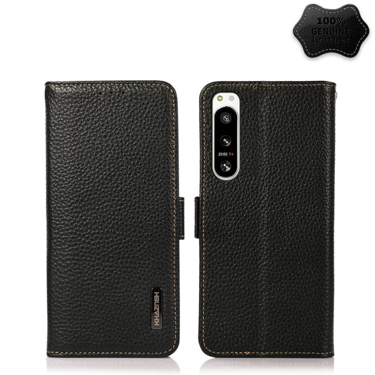 For Sony Xperia 5 IV KHAZNEH Side-Magnetic Litchi Genuine Leather RFID Case(Black) - Sony Cases by buy2fix | Online Shopping UK | buy2fix