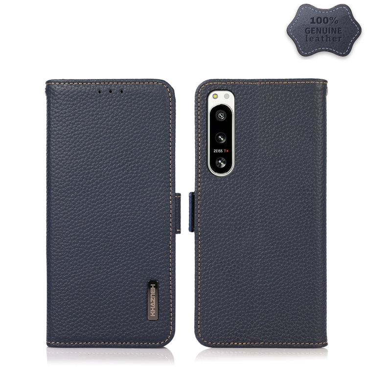 For Sony Xperia 5 IV KHAZNEH Side-Magnetic Litchi Genuine Leather RFID Case(Blue) - Sony Cases by buy2fix | Online Shopping UK | buy2fix