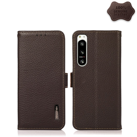For Sony Xperia 5 IV KHAZNEH Side-Magnetic Litchi Genuine Leather RFID Case(Brown) - Sony Cases by buy2fix | Online Shopping UK | buy2fix