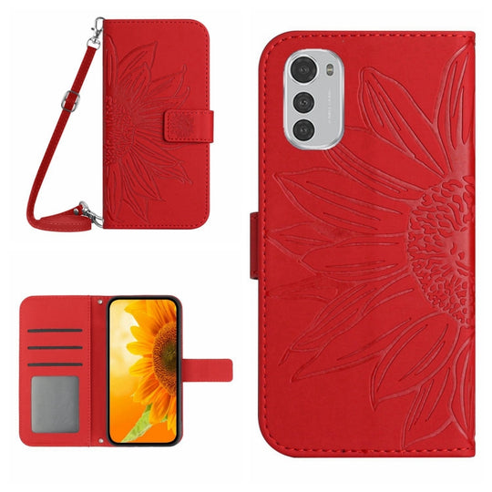 For Motorola Moto E32/E32S Skin Feel Sun Flower Pattern Flip Leather Phone Case with Lanyard(Red)