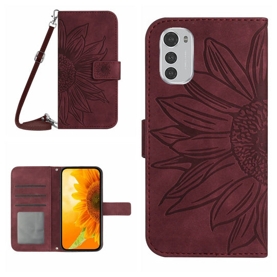 For Motorola Moto E32/E32S Skin Feel Sun Flower Pattern Flip Leather Phone Case with Lanyard(Wine Red)