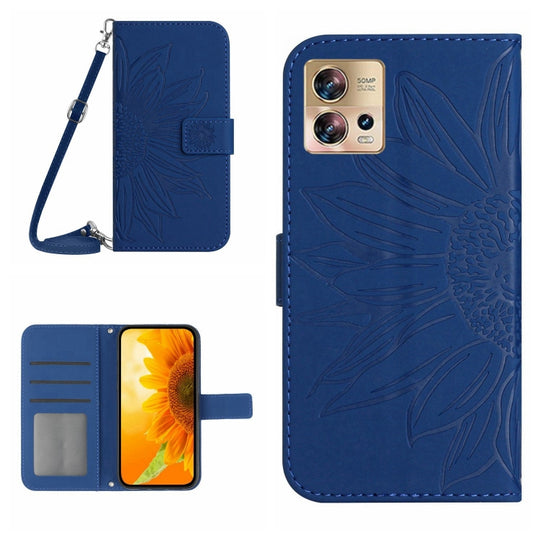 For Motorola Moto Edge 30 Fusion Skin Feel Sun Flower Pattern Flip Leather Phone Case with Lanyard(Dark Blue)