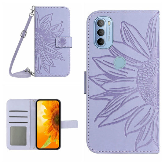 For Motorola Moto G31/G41 Skin Feel Sun Flower Pattern Flip Leather Phone Case with Lanyard(Purple)