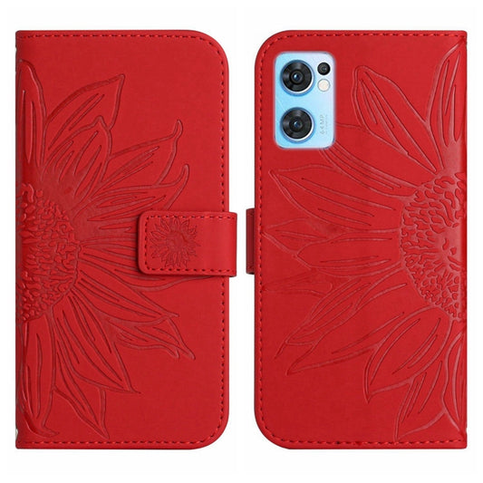 For OPPO Reno7 5G/Find X5 Lite Skin Feel Sun Flower Pattern Flip Leather Phone Case with Lanyard(Red) by buy2fix