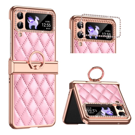 For Samsung Galaxy Z Flip4 Grid Leather Pattern Electroplating Frame Folding Phone Case(Pink) - Galaxy Z Flip4 5G Cases by buy2fix | Online Shopping UK | buy2fix