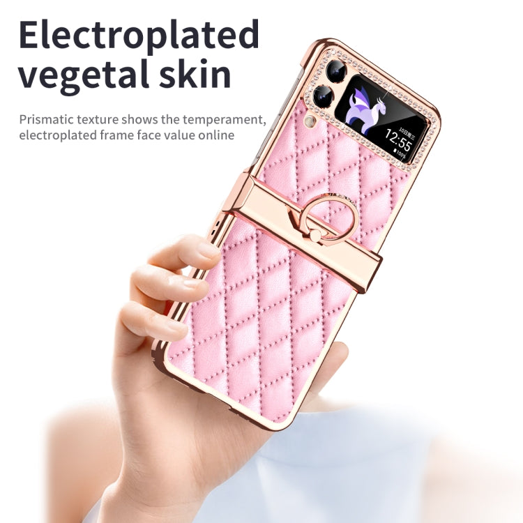 For Samsung Galaxy Z Flip4 Grid Leather Pattern Electroplating Frame Folding Phone Case(Pink) - Galaxy Z Flip4 5G Cases by buy2fix | Online Shopping UK | buy2fix