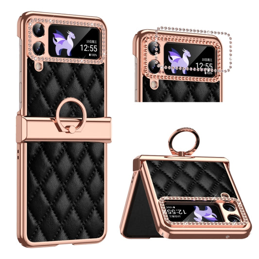 For Samsung Galaxy Z Flip4 Grid Leather Pattern Electroplating Frame Folding Phone Case(Black) - Galaxy Z Flip4 5G Cases by buy2fix | Online Shopping UK | buy2fix