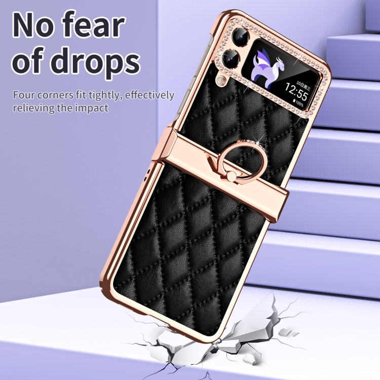 For Samsung Galaxy Z Flip4 Grid Leather Pattern Electroplating Frame Folding Phone Case(Black) - Galaxy Z Flip4 5G Cases by buy2fix | Online Shopping UK | buy2fix