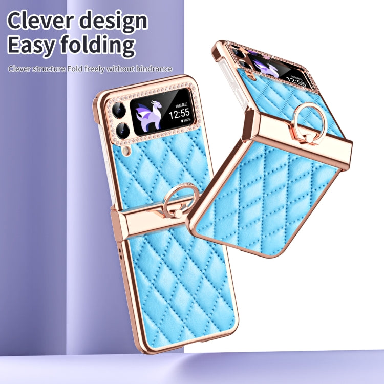 For Samsung Galaxy Z Flip4 Grid Leather Pattern Electroplating Frame Folding Phone Case(Blue) - Galaxy Z Flip4 5G Cases by buy2fix | Online Shopping UK | buy2fix