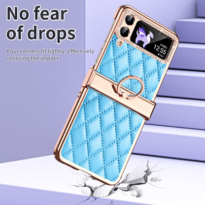 For Samsung Galaxy Z Flip4 Grid Leather Pattern Electroplating Frame Folding Phone Case(Blue) - Galaxy Z Flip4 5G Cases by buy2fix | Online Shopping UK | buy2fix