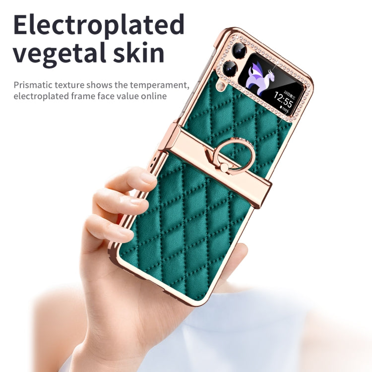 For Samsung Galaxy Z Flip4 Grid Leather Pattern Electroplating Frame Folding Phone Case(Green) - Galaxy Z Flip4 5G Cases by buy2fix | Online Shopping UK | buy2fix