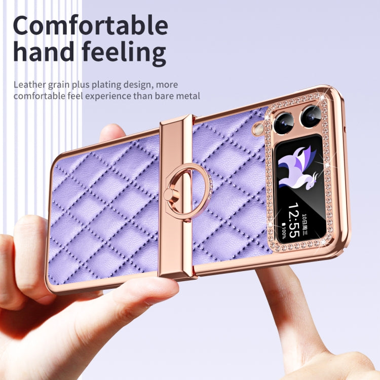 For Samsung Galaxy Z Flip4 Grid Leather Pattern Electroplating Frame Folding Phone Case(Purple) - Galaxy Z Flip4 5G Cases by buy2fix | Online Shopping UK | buy2fix