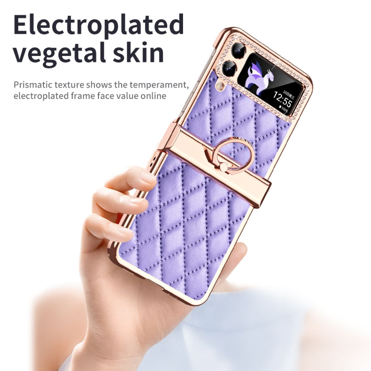 For Samsung Galaxy Z Flip4 Grid Leather Pattern Electroplating Frame Folding Phone Case(Purple) - Galaxy Z Flip4 5G Cases by buy2fix | Online Shopping UK | buy2fix