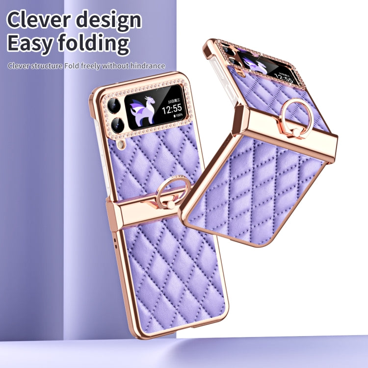For Samsung Galaxy Z Flip4 Grid Leather Pattern Electroplating Frame Folding Phone Case(Purple) - Galaxy Z Flip4 5G Cases by buy2fix | Online Shopping UK | buy2fix