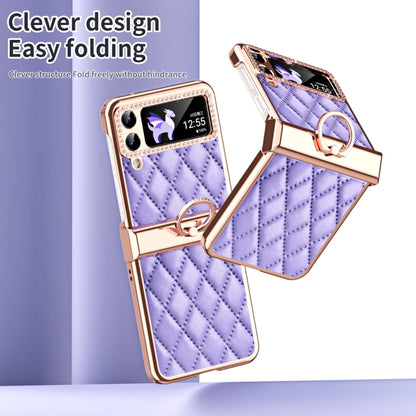 For Samsung Galaxy Z Flip4 Grid Leather Pattern Electroplating Frame Folding Phone Case(Purple) - Galaxy Z Flip4 5G Cases by buy2fix | Online Shopping UK | buy2fix