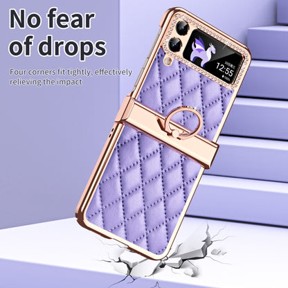 For Samsung Galaxy Z Flip4 Grid Leather Pattern Electroplating Frame Folding Phone Case(Purple) - Galaxy Z Flip4 5G Cases by buy2fix | Online Shopping UK | buy2fix