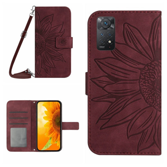 For Xiaomi Redmi Note 11 Global / Note 11s Skin Feel Sun Flower Pattern Flip Leather Phone Case with Lanyard(Wine Red)