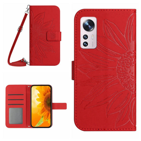 For Xiaomi 12 Pro Skin Feel Sun Flower Pattern Flip Leather Phone Case with Lanyard(Red)