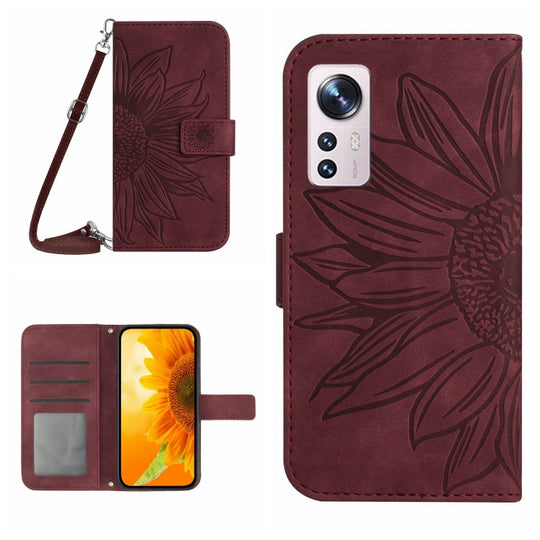 For Xiaomi 12 Pro Skin Feel Sun Flower Pattern Flip Leather Phone Case with Lanyard(Wine Red)